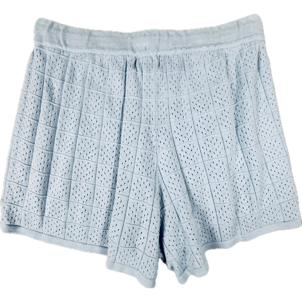 Monrow Knit Shorts Women Small Blue Pointelle Drawstring Eco Friendly Cotton - Picture 2 of 9